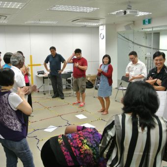 Participants in gameplay for Webmaster experiential learning activity