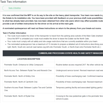 Task two briefing information for Emergency Delivery online experiential learning activity